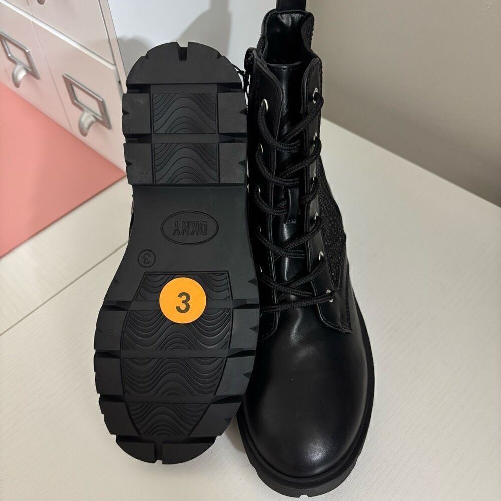 DKNY Black Faux Leather Crystal Side Zip Combat Boots Youth Girls Size 3 New - Picture 11 of 11